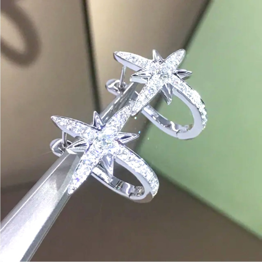 New Sterling Silver White Sapphire Star Huggies - Picture 2 of 3